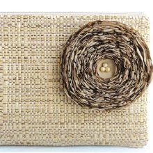 Tan Woven Clutch Handbag / Khaki Fabric Flower