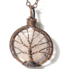 The Itty Bitty Rose Quartz Tree of Life Necklace in Antique Copper.
