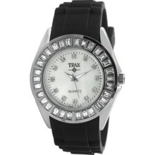 Trax Womens Rox Round Black Rubber & Silver Dial Crystal Watch Tr3925-wb