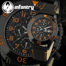 U.s Military Mens Date&day Month Quartz Army Wrist Watch Leather Band Orange