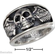 Unisex Antiqued Skull Wings Sterling Silver Ring Size 6 7...