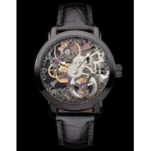 Used Mens Hand Winding Skeleton Black Leather Wrist Watch G-nhkalalbb3