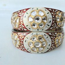 Vintage Antique 22k Gold Diamond Polki Kundan Enamel Work Bracelet Bangle Pair