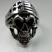 Vintage Biker Mens Black Silver Stainless Steel Usa National Flag Skull Ring