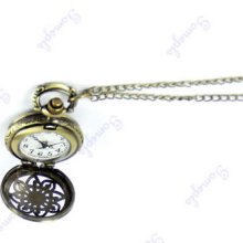 Vintage Bronze Flower Pattern Quartz Necklace Chain Pendant Pocket Watch Gift