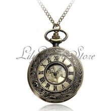 Vintage Bronze Roma Numerals Steampunk Clock Necklace Chain Quartz Pocket Watch
