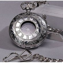 Vintage Engrave Silver Skeleton Mens Gift Analog Quartz Pocket Watch /chain /box