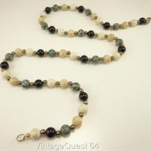 Vintage Gray Tan White Marbled Black Glass Gold Tone Spacer Bead Necklace (n323)