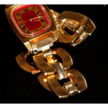 Vintage Ladies Timex Red Gold Dial Mechanical Wind Up Bracelet Watch