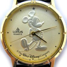 Vintage Lorus Mickey Mouse Gold Coin Embossed Mens Womens Watch Leather Band