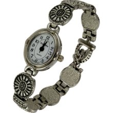 Vintage Oval Shaped White Face Flowers Silver Link Band Bracelet Watch Women's