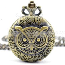 Vintage Retro Bronze Owl Pattern Quartz Necklace Chain Pocket Cnog Pendant Watch