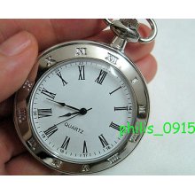 Vintage Silver Color Roman Number White Dial Mens Pocket Watch + Free Chain