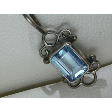 Vintage Sterling Spiral Filigree Emerald Cut Light Blue Stone Pendant Signed Pti