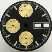 Vintage Swiss Chronograph Matte Black Gold Watch Dial Lemania 5100 Day Date