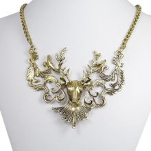 Vintange Inspired Huge Deer Head Necklace Chain, Antiqued Gold Tone Pendant, Lovely Deer Animal Nature Jewelry Necklace-151141432