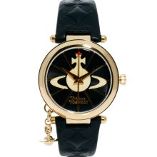 Vivienne Westwood Leather Strap Watch With Orb Charm Black and gold