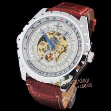 White Analogy Skeleton Mens Automatic Mechanical Watch See Through Leather