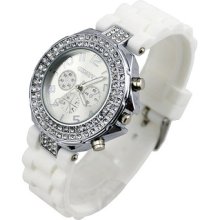 White Bling Crystal Rhinestone Bezel Silicone Bracelet Quartz Wrist Watch Cr2