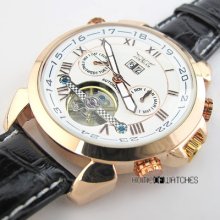 White Dial Black Pu Leather Band Automatic Mechanical Calendar Wrist Watch