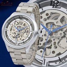%white Dial Concentric Circles Skeleton Automatic Steel Men's Boy's Wrist Watch