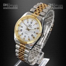 White Dial Golden Rim Crystal 2-tone Stainless Steel Band Men's Quar