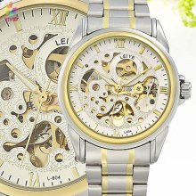 White Dial Roman Numerals Hollow Gear Stainless Steel Men Wrist Mechanical Watch