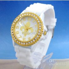 White Gold Silicone Geneva Watch Gel Rubber Band Fleur-de-lis Dial C