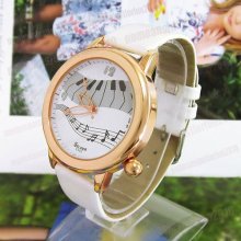 White Leather Band Wonderful Piano Musical Notes Analog Wrist Watch Round M666w