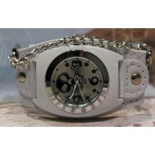 White Leather Wrap Watch with Silver Watch Face with Cute Skull Face