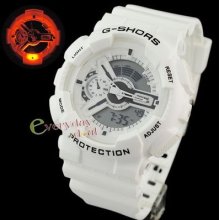 White Rubber Quartz Sports Watch Dual Display Orange Back Light Alarm