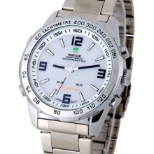 White Wede Led Diving Sports Watch With Tachymeter Stainless Steel Strap