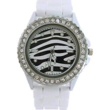 White Zebra Stripe Animal Women Lady Crystal Quartz Silicone Analog Wrist Watch