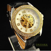 Women/lady Diamond Inlaid Golden Bezel White Dial Automatic Mechanical Watch