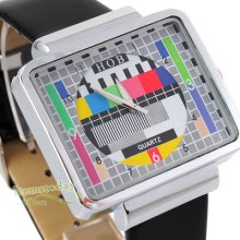 Women Mens Cute Quartz Square Watch Tv Pattern Dial Black Leather