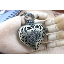 Women Men's Steampunk Vintage Bronze Heart Love Necklace Pendant Pocket Watch
