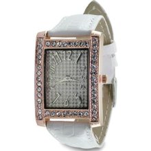 Women Rose Stainless Steel CZ White Leather Strap Quartz Watch ...