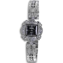 Women Silver Tone Black Dial CZ Stone Quartz Bracelet Watch ...