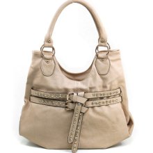 Women's Fashion Hobo W/ Chic Rhinestone Studded Belt Accent - Beige