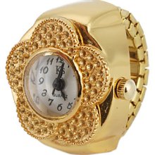 Women's Flower Style Alloy Analog Quartz Ring Watch (Gold)