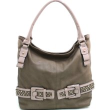 Women's Large Fashion Hobo W/ Rhinestone Studded Belt Accent - Taupe