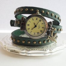Wrap watch Braclet Wrist watch for women real leather darkgreen
