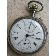 Xfine Chronograph Pocket Watch Silver Case Open Face 52 Mm. Running Condition