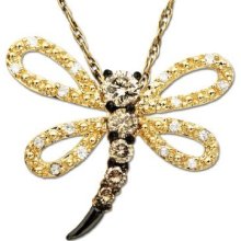 Xpy 14k Yellow Gold Champagne And White Diamond Dragonfly Pendant (1/4 Cttw), 18