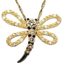 Xpy 14k Yellow Gold Champagne And White Diamond Dragonfly Pendant (1/4 Cttw), 18