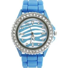 Zebra Stripe Animal Women Crystal Quartz Silicone Analog Wrist Watch Light Blue