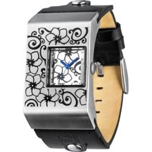 01 The ONE Mens Floral Pattern Stainless Analog Watch - White Dial - Black Leather Strap - AN02M03