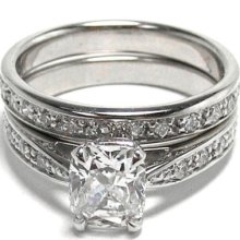 1.49 Carat Cushion Cut Diamond Bridal Set E Vs