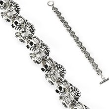 1 Pc 316l Stainless Steel Chain Link Bracelet W/ Skull Head & Rose Linked 8.66