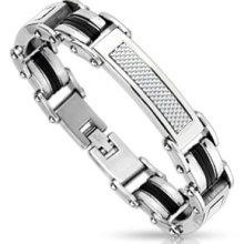1 Pc 316l Stainless Steel W/ Silver Carbon Fiber Inly Links Men's Bracelet 8.86